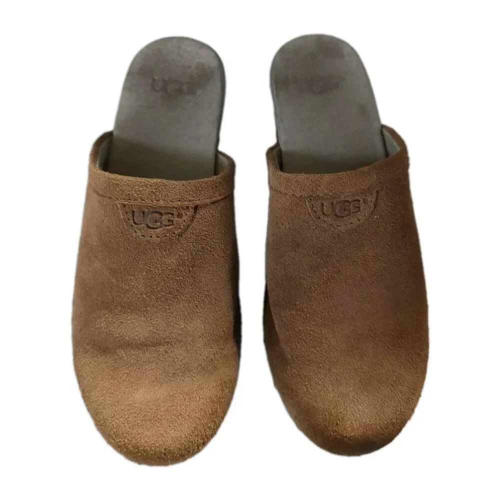 UGG Vintage Girls 13 Tan Suede Heeled Clogs Wood Sole Mules Model 3284 Retro